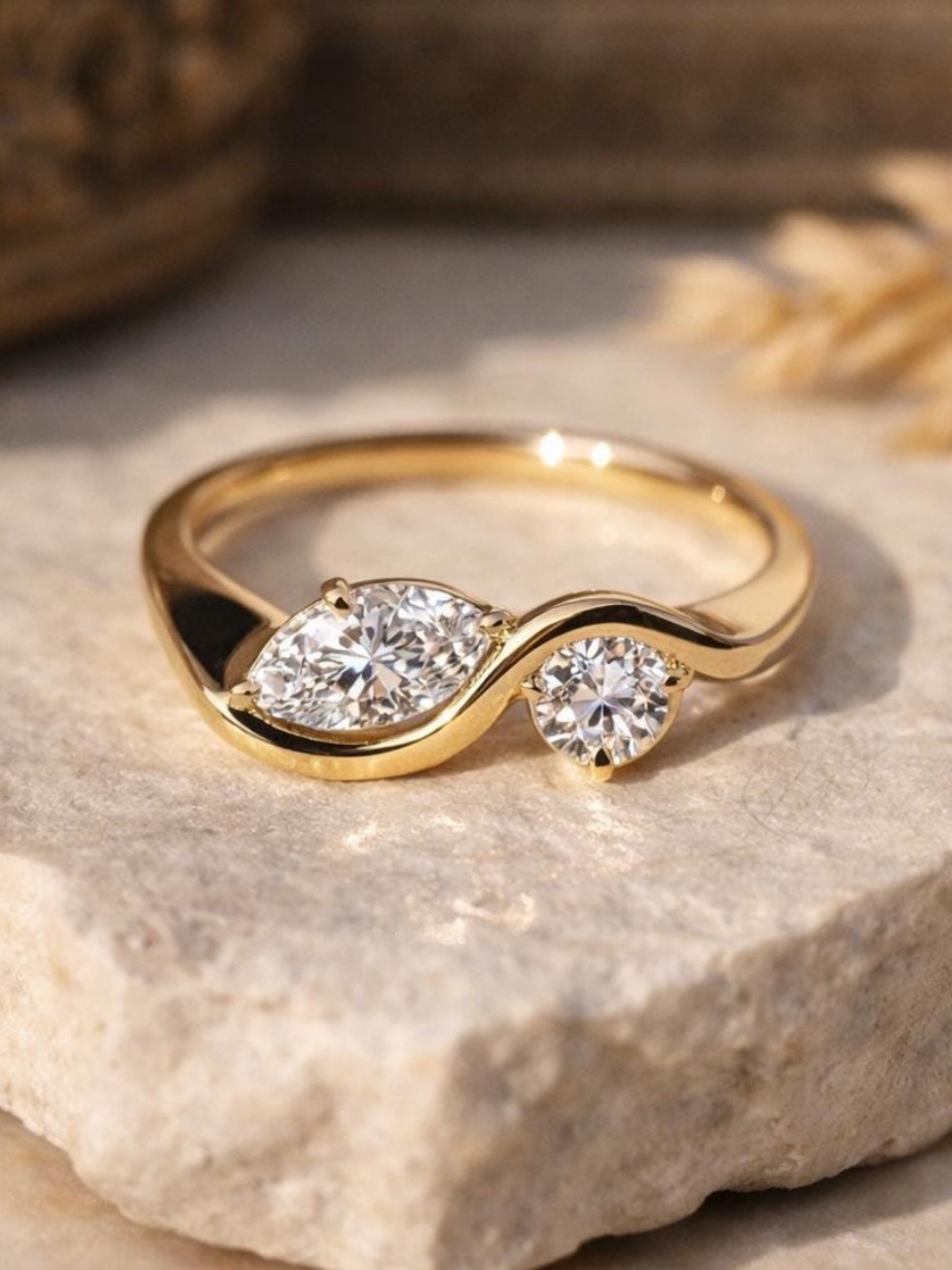 Gold Bypass Ring with Marquise and Round VVS1 Moissanite Stones